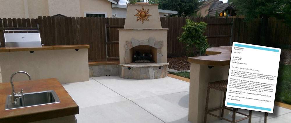 West Sacramento Gas or Wood Burning Fireplace Outdoor Kitchen sink with Prep Cook area Yin yang concrete countertop dining Bar